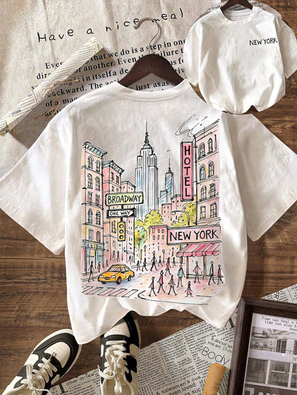 New York City Graphic T-Shirt, Plus Size Women's Casual Round Neck Short Sleeve T-Shirt, Summer Vacation White
