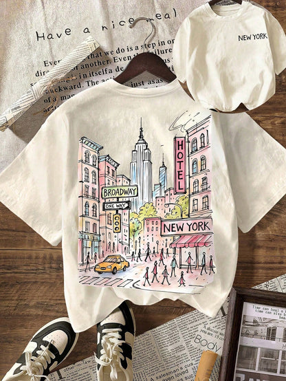 New York City Graphic T-Shirt, Plus Size Women's Casual Round Neck Short Sleeve T-Shirt, Summer Vacation White