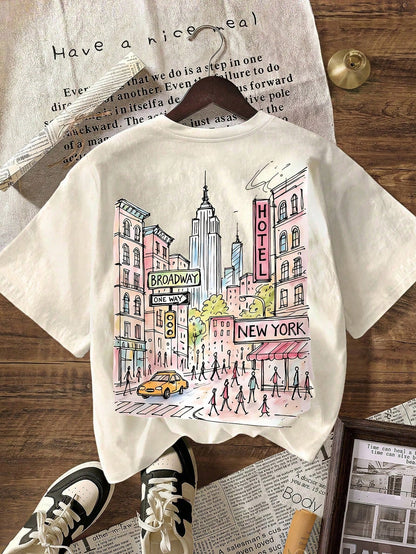 New York City Graphic T-Shirt, Plus Size Women's Casual Round Neck Short Sleeve T-Shirt, Summer Vacation White