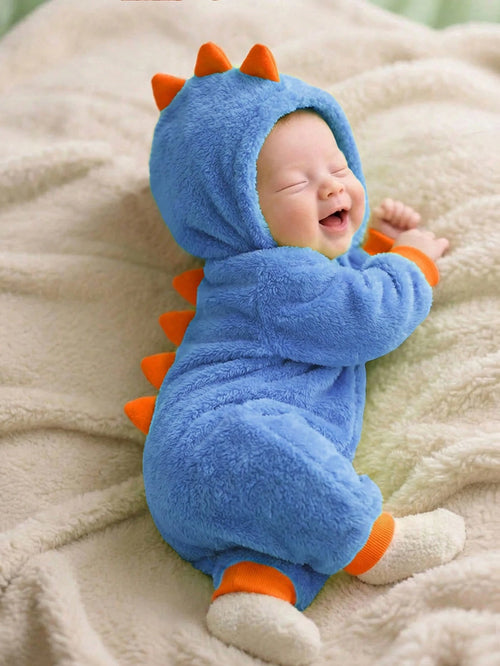 Newborn Baby Boy Clothes Baby Boy Fall And Winter Clothes Outfit Set, Contrast Color Neon Green Thermal Lined Thickened Cute Dinosaur Design Hooded Jumpsuit, Comfortable Versatile Casual Fashion