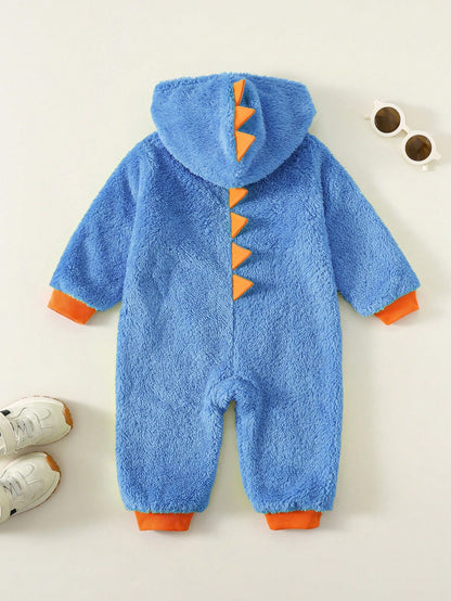 Newborn Baby Boy Clothes Baby Boy Fall And Winter Clothes Outfit Set, Contrast Color Neon Green Thermal Lined Thickened Cute Dinosaur Design Hooded Jumpsuit, Comfortable Versatile Casual Fashion