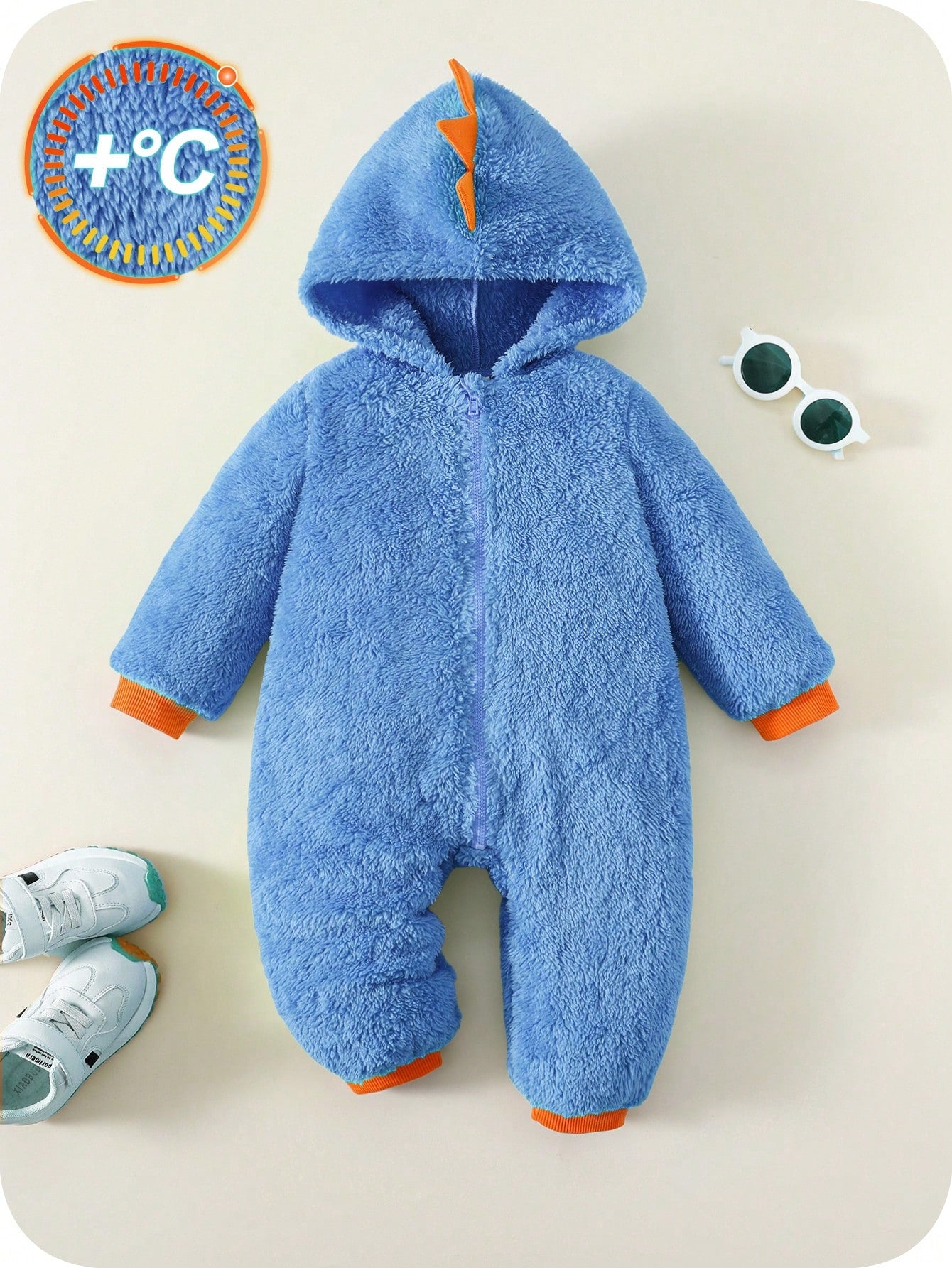 Newborn Baby Boy Clothes Baby Boy Fall And Winter Clothes Outfit Set, Contrast Color Neon Green Thermal Lined Thickened Cute Dinosaur Design Hooded Jumpsuit, Comfortable Versatile Casual Fashion