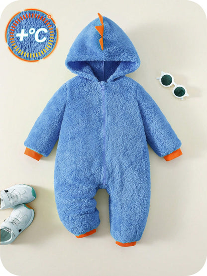 Newborn Baby Boy Clothes Baby Boy Fall And Winter Clothes Outfit Set, Contrast Color Neon Green Thermal Lined Thickened Cute Dinosaur Design Hooded Jumpsuit, Comfortable Versatile Casual Fashion