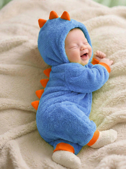 Newborn Baby Boy Clothes Baby Boy Fall And Winter Clothes Outfit Set, Contrast Color Neon Green Thermal Lined Thickened Cute Dinosaur Design Hooded Jumpsuit, Comfortable Versatile Casual Fashion
