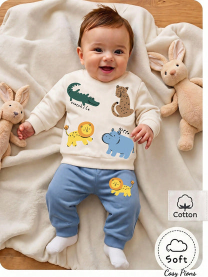 Newborn Baby Cartoon Print Round Neck Long Sleeve Sweatshirt And Pants Set