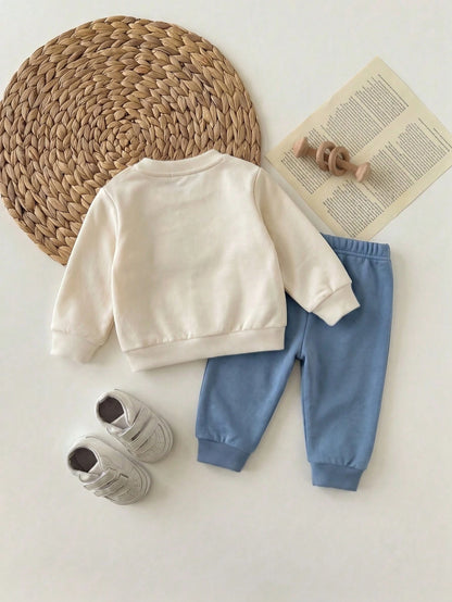 Newborn Baby Cartoon Print Round Neck Long Sleeve Sweatshirt And Pants Set