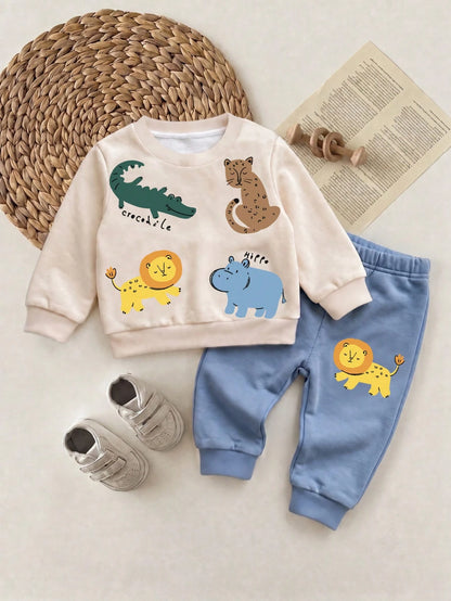 Newborn Baby Cartoon Print Round Neck Long Sleeve Sweatshirt And Pants Set