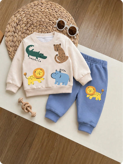Newborn Baby Cartoon Print Round Neck Long Sleeve Sweatshirt And Pants Set