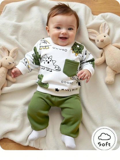 Newborn Baby Cartoon Print Round Neck Long Sleeve Sweatshirt And Pants Set