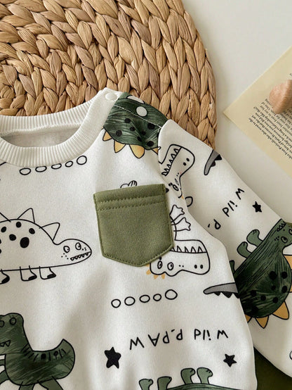 Newborn Baby Cartoon Print Round Neck Long Sleeve Sweatshirt And Pants Set