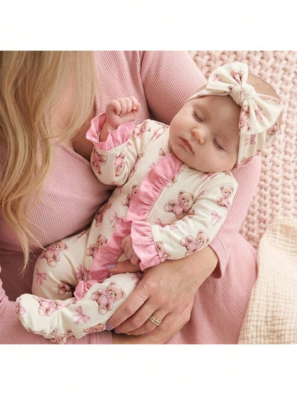 Newborn Baby Cute Knitted Cartoon Bear Pattern Romper With Headband Set