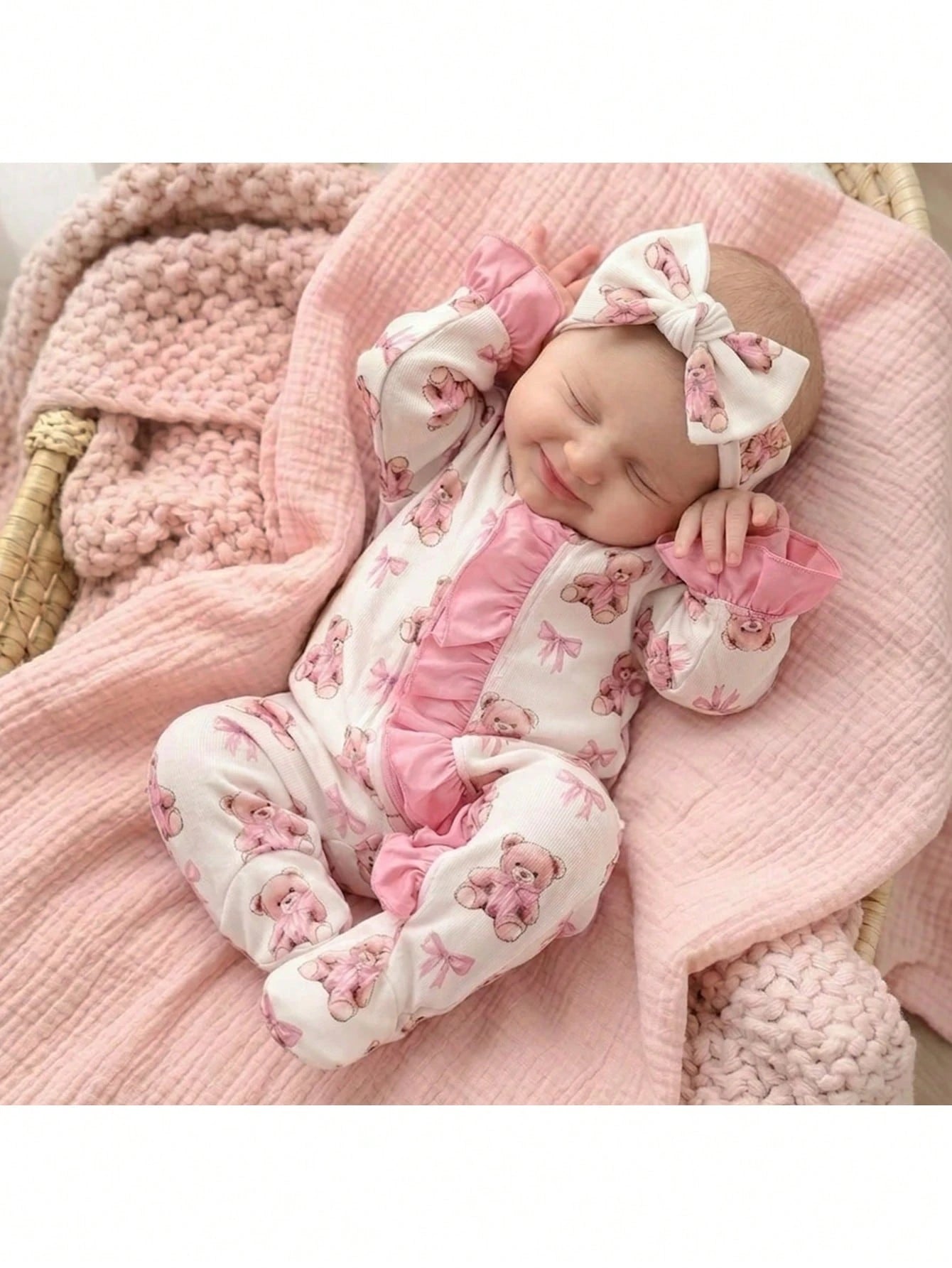 Newborn Baby Cute Knitted Cartoon Bear Pattern Romper With Headband Set