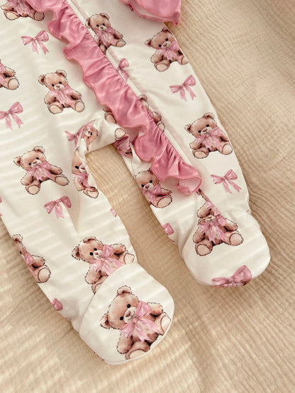 Newborn Baby Cute Knitted Cartoon Bear Pattern Romper With Headband Set