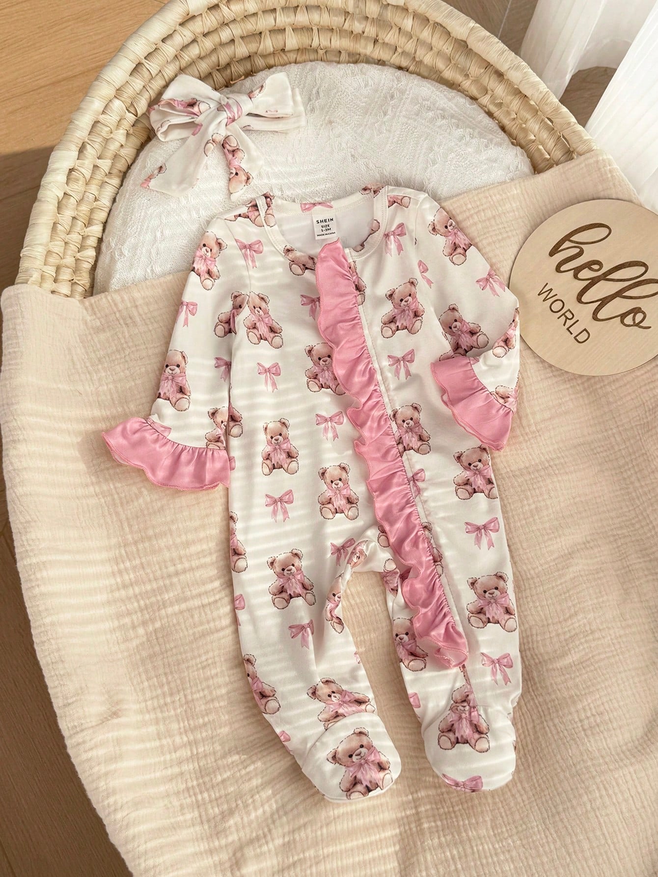 Newborn Baby Cute Knitted Cartoon Bear Pattern Romper With Headband Set