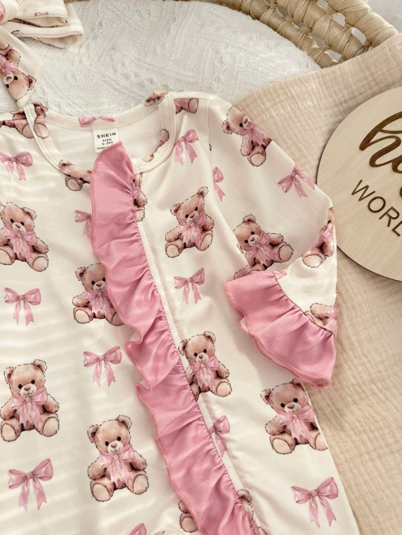 Newborn Baby Cute Knitted Cartoon Bear Pattern Romper With Headband Set
