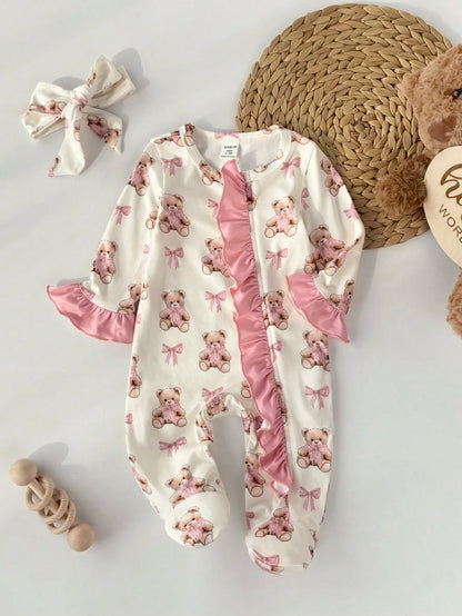 Newborn Baby Cute Knitted Cartoon Bear Pattern Romper With Headband Set