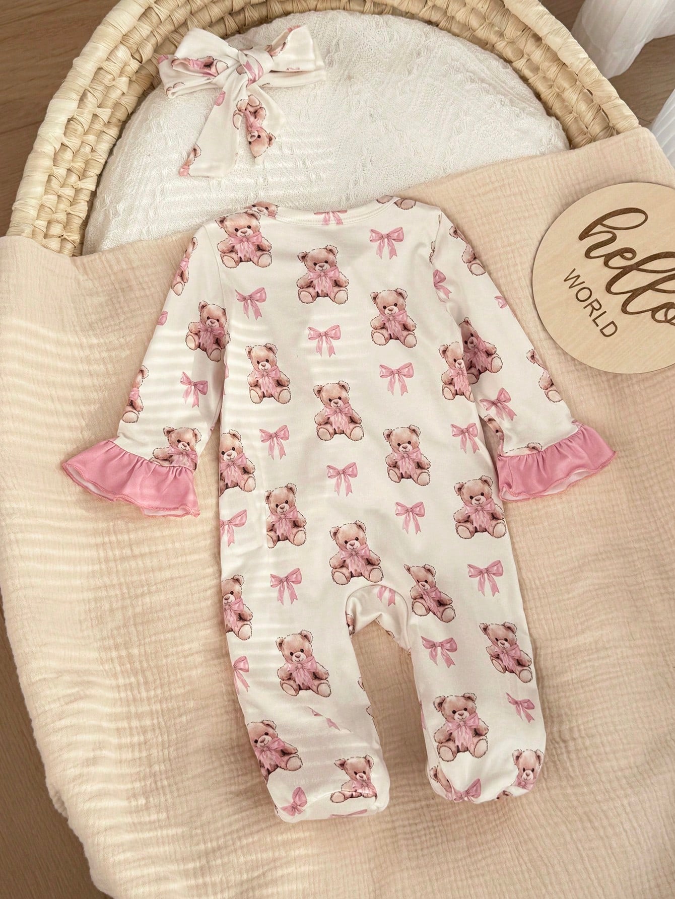 Newborn Baby Cute Knitted Cartoon Bear Pattern Romper With Headband Set