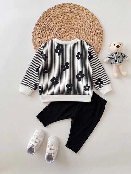 Newborn Baby Girl Autumn/Winter Cute Floral Pattern Black & White Sweatshirt And Pants Set