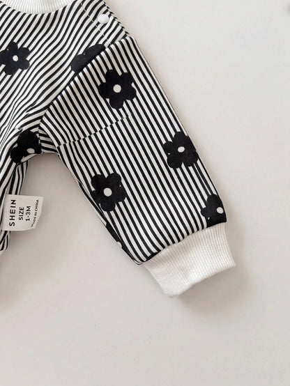 Newborn Baby Girl Autumn/Winter Cute Floral Pattern Black & White Sweatshirt And Pants Set