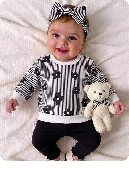 Newborn Baby Girl Autumn/Winter Cute Floral Pattern Black & White Sweatshirt And Pants Set