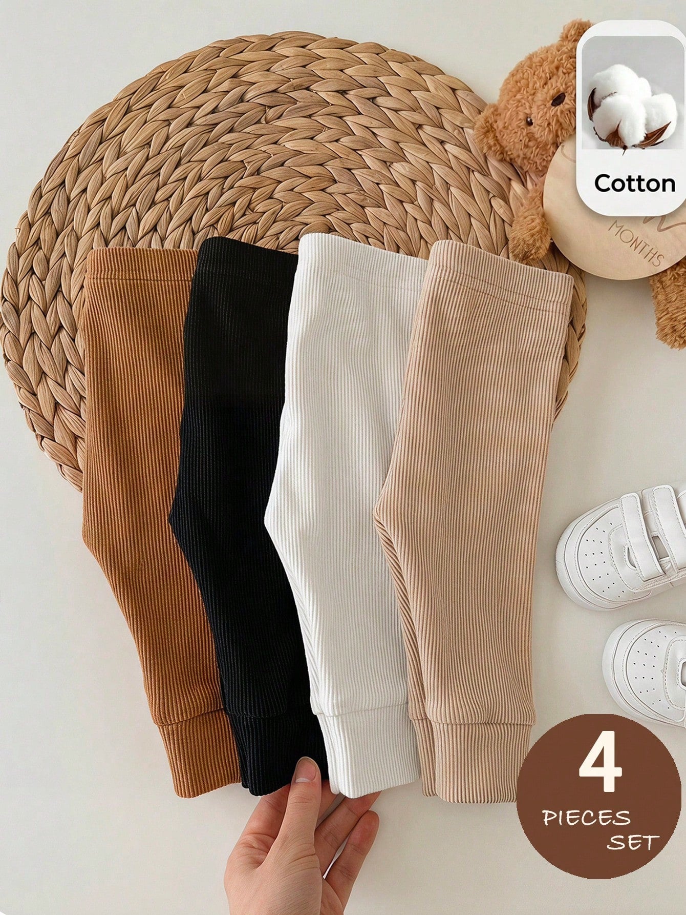 Newborn Baby Girl Autumn/Winter Cute Versatile Knit Solid Color Elastic Waist Long Pants 4pcs