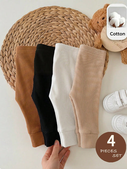 Newborn Baby Girl Autumn/Winter Cute Versatile Knit Solid Color Elastic Waist Long Pants 4pcs
