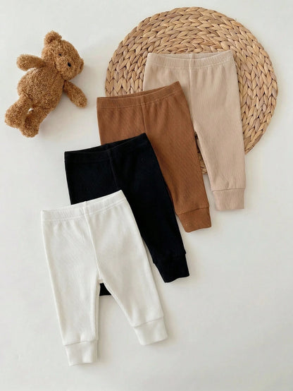 Newborn Baby Girl Autumn/Winter Cute Versatile Knit Solid Color Elastic Waist Long Pants 4pcs