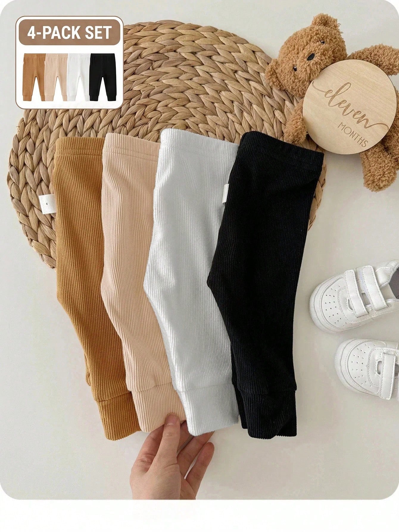 Newborn Baby Girl Autumn/Winter Cute Versatile Knit Solid Color Elastic Waist Long Pants 4pcs