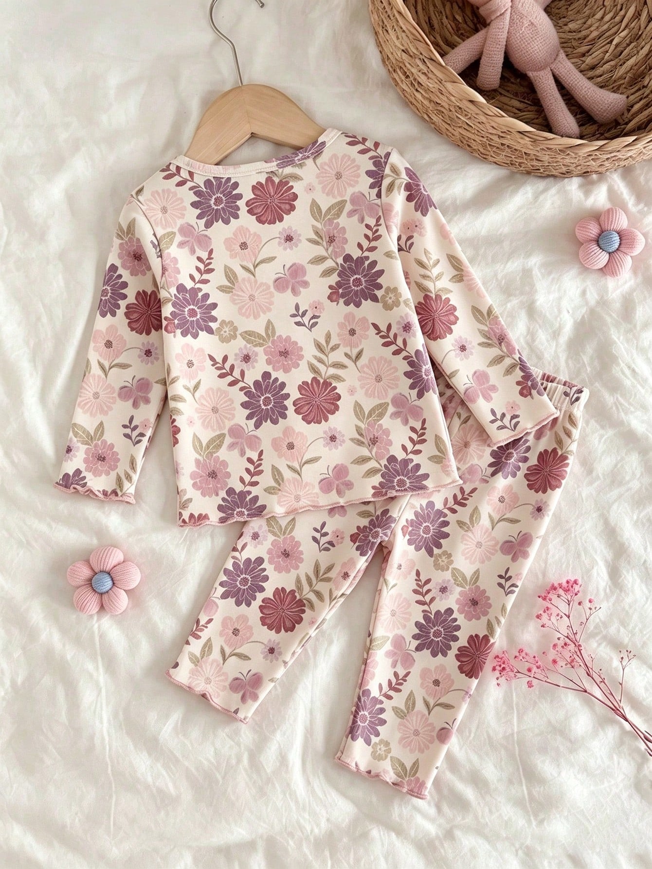 Newborn Baby Girl Cute Cartoon & Floral Pattern Long Sleeve Loungewear Set