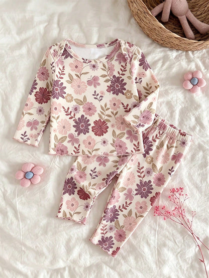 Newborn Baby Girl Cute Cartoon & Floral Pattern Long Sleeve Loungewear Set
