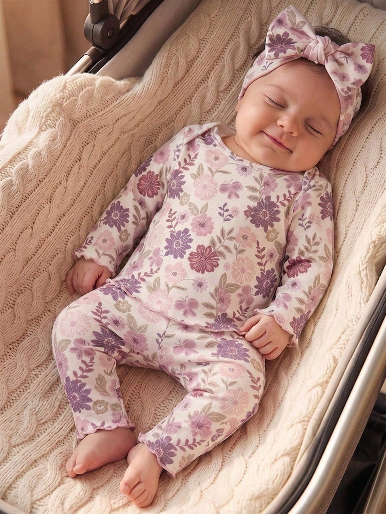 Newborn Baby Girl Cute Cartoon & Floral Pattern Long Sleeve Loungewear Set