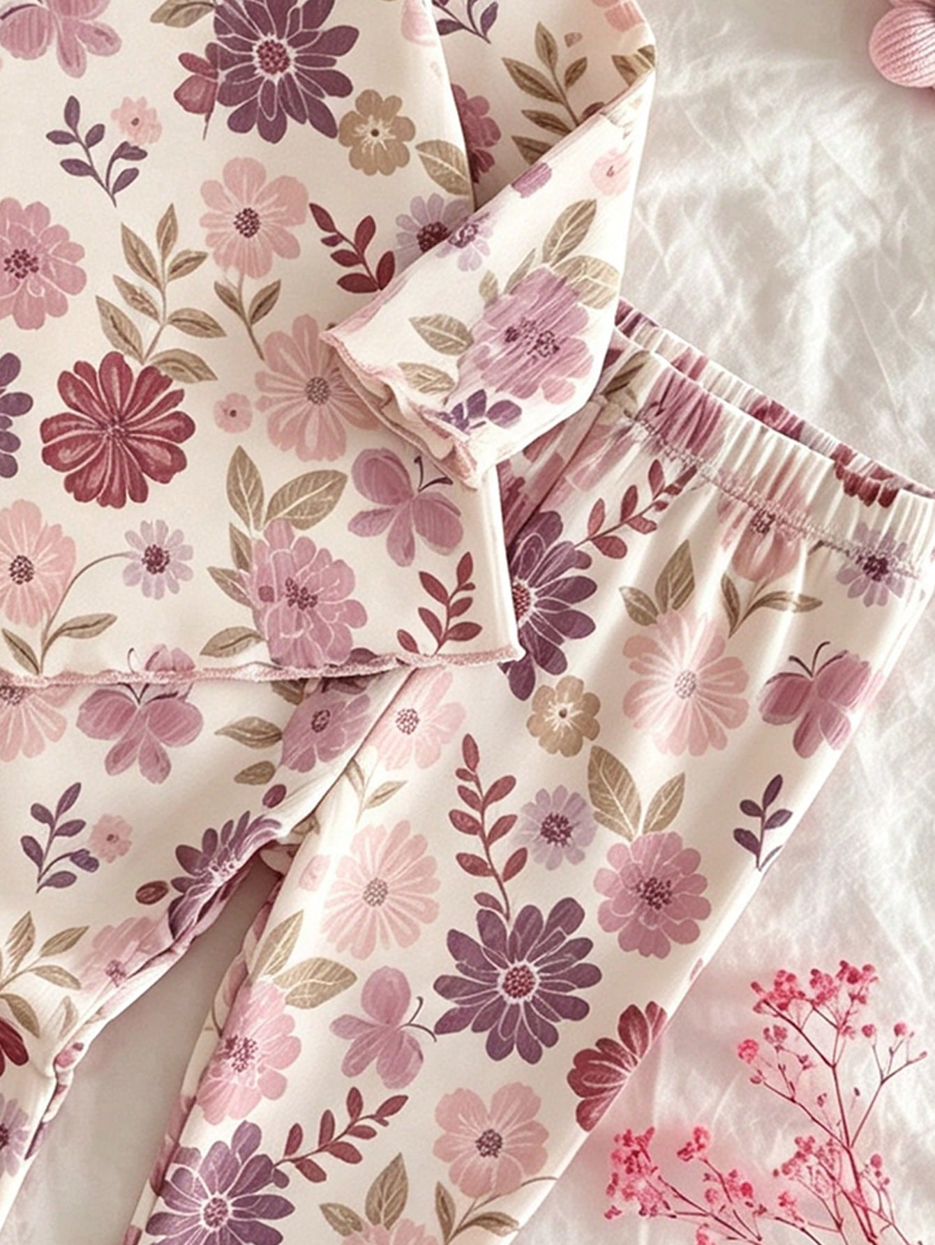 Newborn Baby Girl Cute Cartoon & Floral Pattern Long Sleeve Loungewear Set