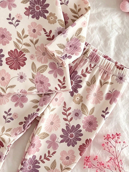Newborn Baby Girl Cute Cartoon & Floral Pattern Long Sleeve Loungewear Set