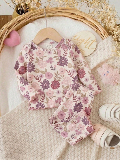 Newborn Baby Girl Cute Cartoon & Floral Pattern Long Sleeve Loungewear Set