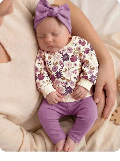 Newborn Baby Girl Cute Casual Knit Floral Pattern Long Sleeve Sweatshirt Elastic Waist Long Pants Set