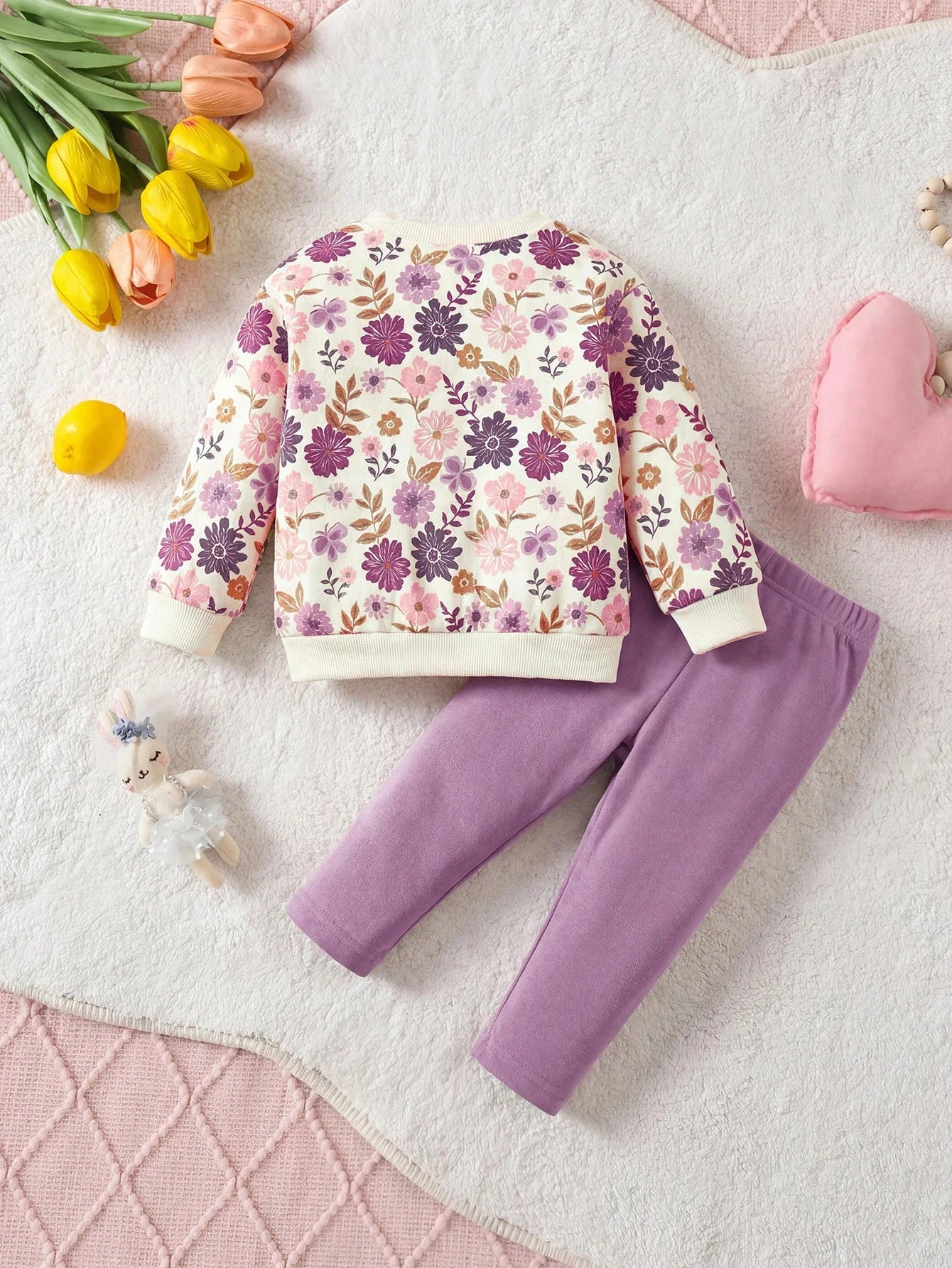 Newborn Baby Girl Cute Casual Knit Floral Pattern Long Sleeve Sweatshirt Elastic Waist Long Pants Set