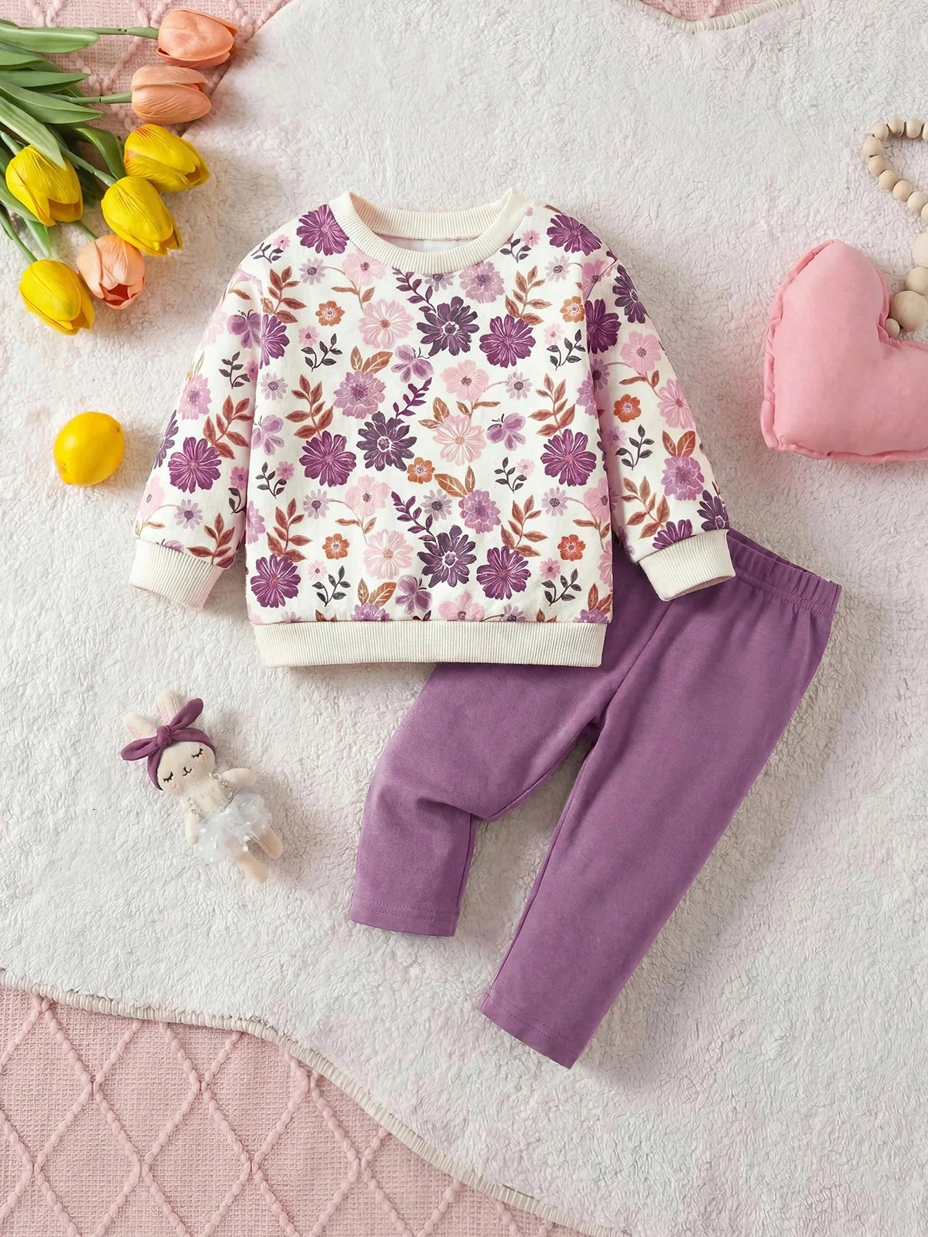 Newborn Baby Girl Cute Casual Knit Floral Pattern Long Sleeve Sweatshirt Elastic Waist Long Pants Set