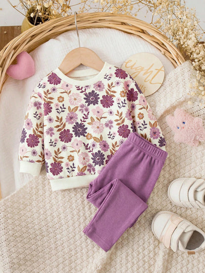 Newborn Baby Girl Cute Casual Knit Floral Pattern Long Sleeve Sweatshirt Elastic Waist Long Pants Set