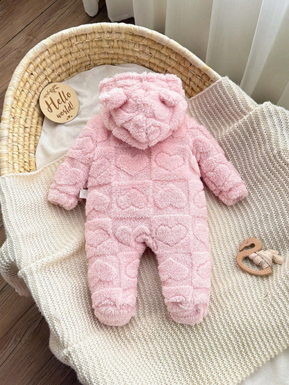 Newborn Baby Girl Cute Fluffy Pink Heart Pajamas,Autumn/Winter Winter Jumpsuit Snowsuit Clothes Warm Fleece Fall