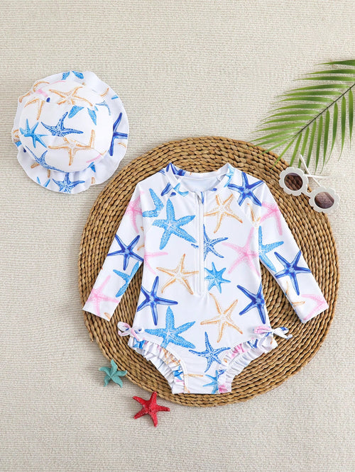 Newborn Baby Girls Cute Starfish Print Ruffled Long Sleeve One-Piece Swimsuit With Swimming Cap,White Summer Vacation Holiday Infant Rash Guard Set