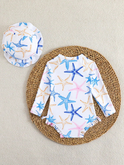 Newborn Baby Girls Cute Starfish Print Ruffled Long Sleeve One-Piece Swimsuit With Swimming Cap,White Summer Vacation Holiday Infant Rash Guard Set