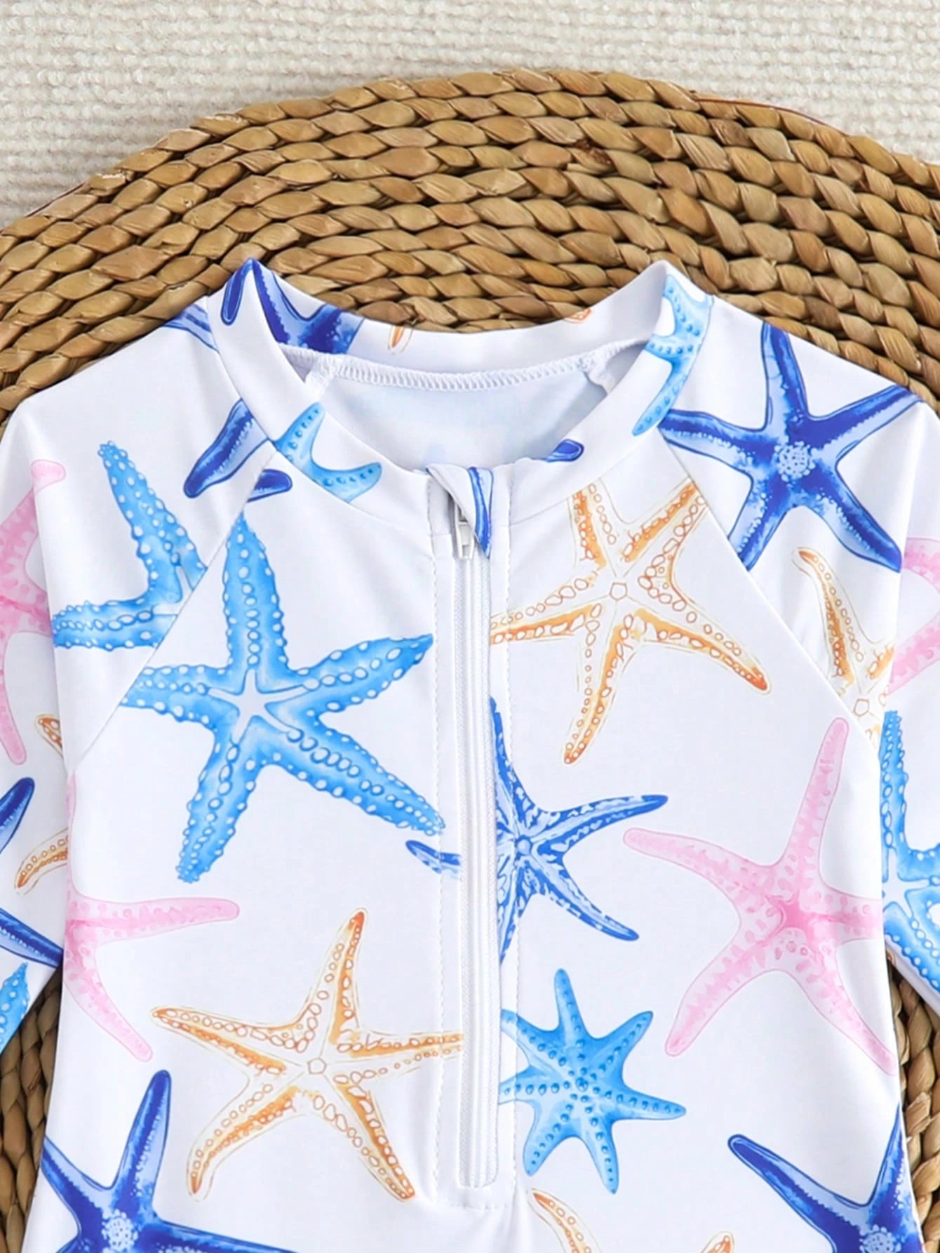 Newborn Baby Girls Cute Starfish Print Ruffled Long Sleeve One-Piece Swimsuit With Swimming Cap,White Summer Vacation Holiday Infant Rash Guard Set