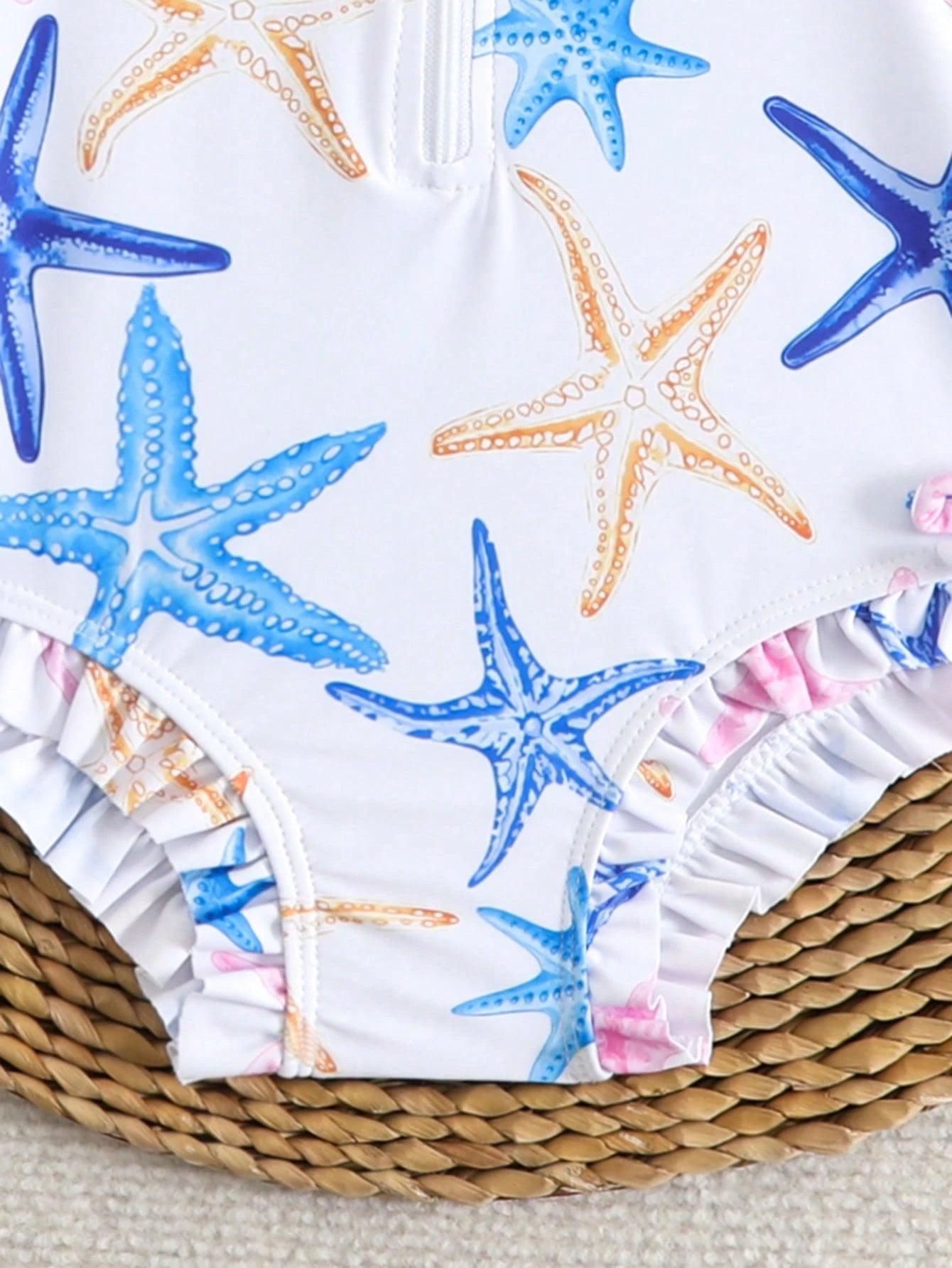 Newborn Baby Girls Cute Starfish Print Ruffled Long Sleeve One-Piece Swimsuit With Swimming Cap,White Summer Vacation Holiday Infant Rash Guard Set