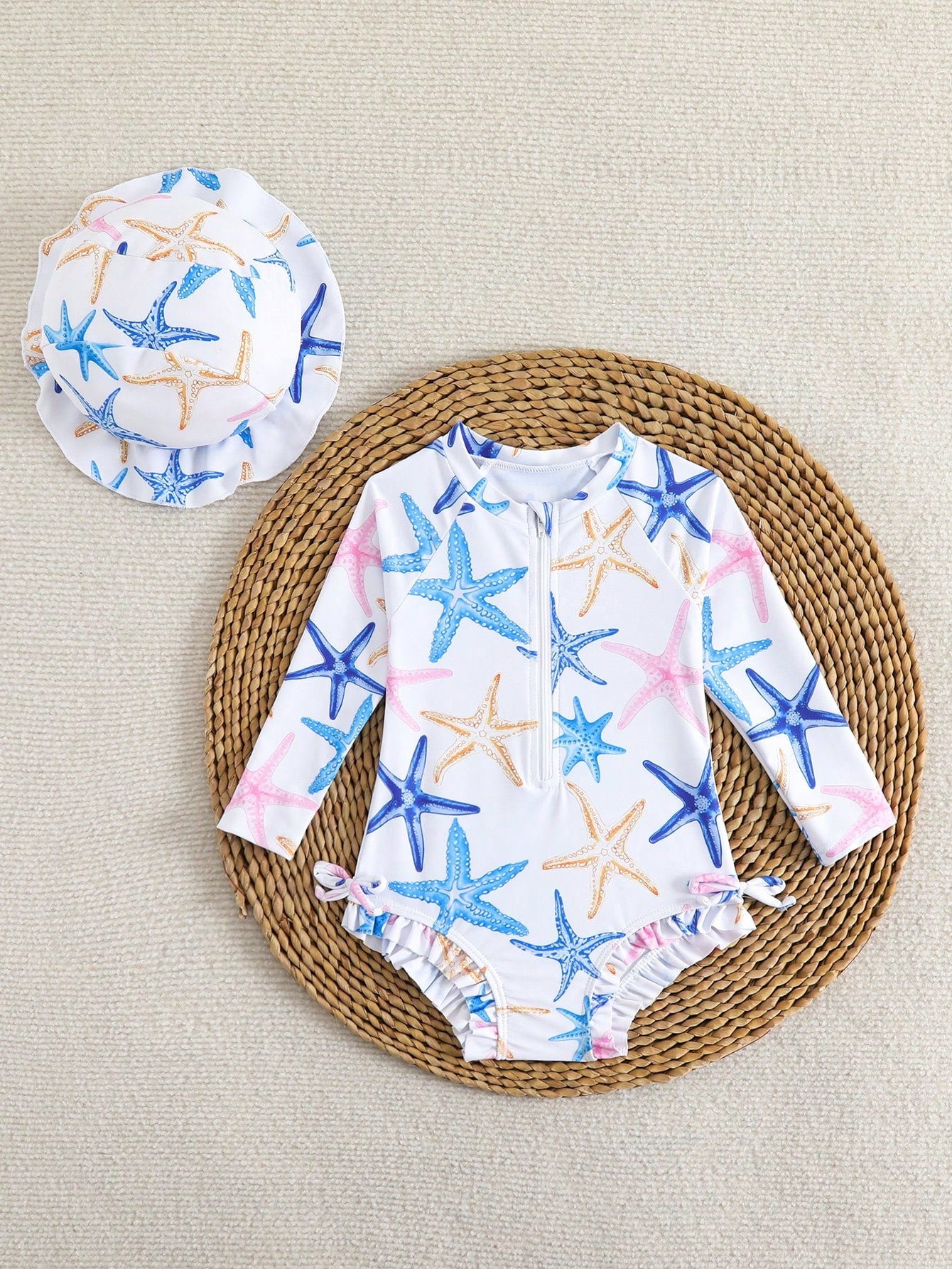 Newborn Baby Girls Cute Starfish Print Ruffled Long Sleeve One-Piece Swimsuit With Swimming Cap,White Summer Vacation Holiday Infant Rash Guard Set