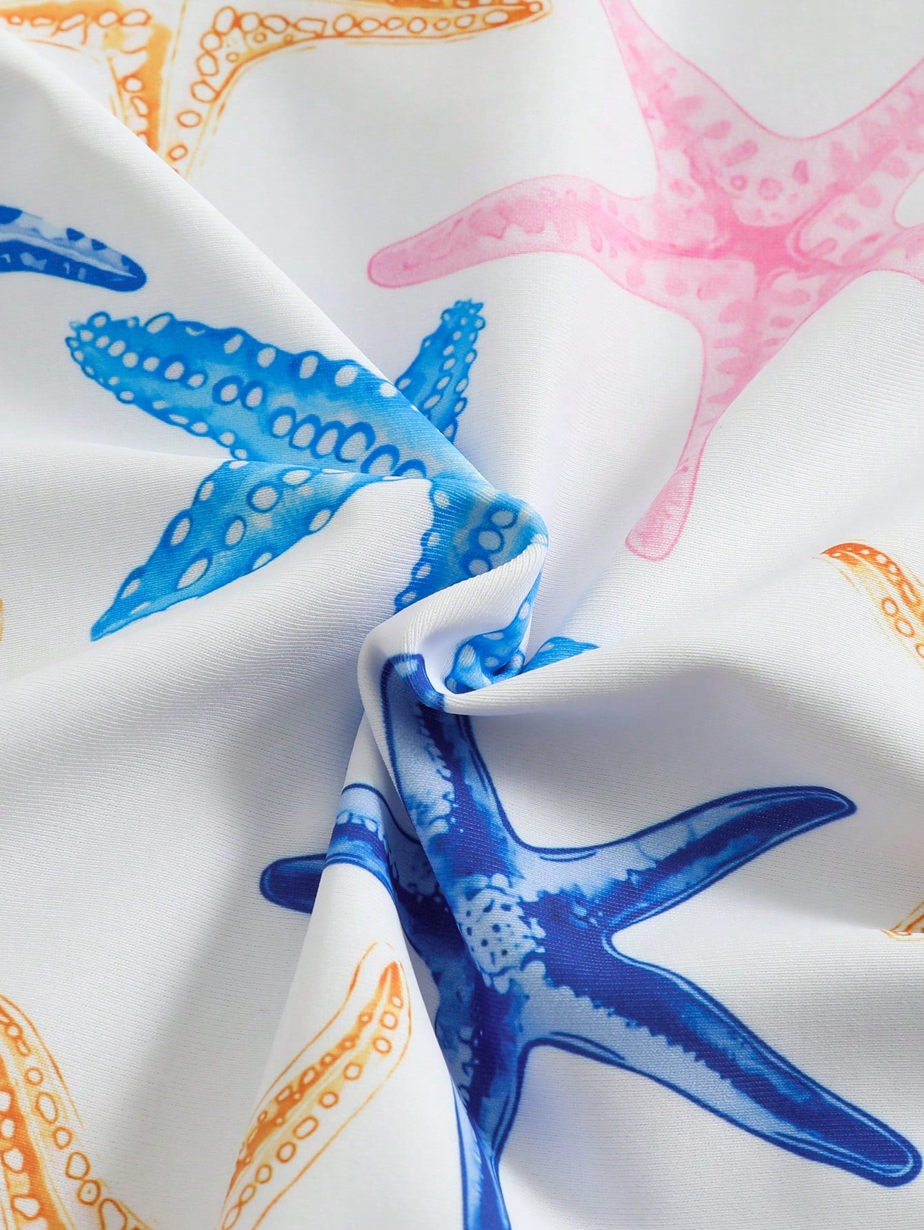 Newborn Baby Girls Cute Starfish Print Ruffled Long Sleeve One-Piece Swimsuit With Swimming Cap,White Summer Vacation Holiday Infant Rash Guard Set