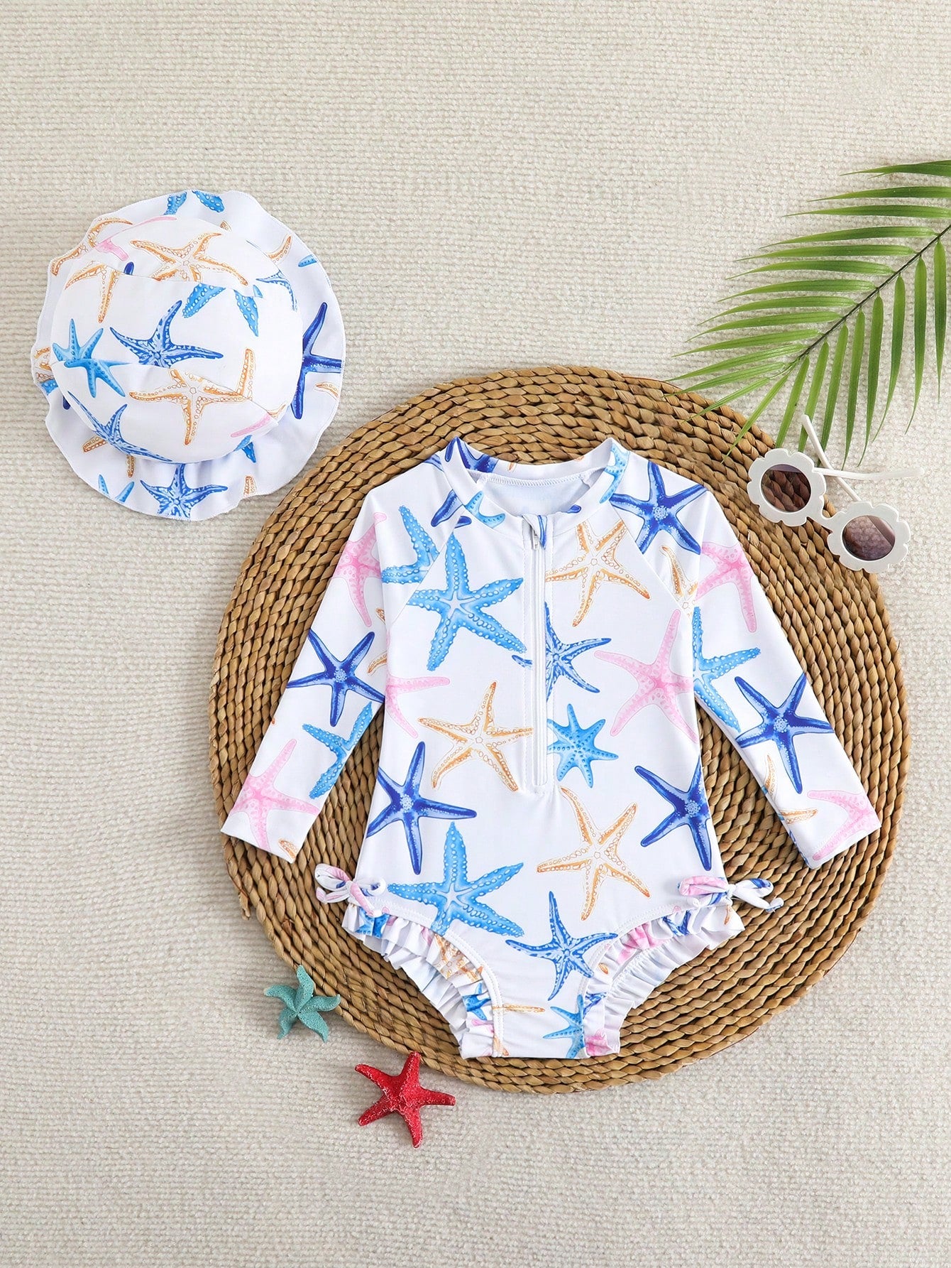 Newborn Baby Girls Cute Starfish Print Ruffled Long Sleeve One-Piece Swimsuit With Swimming Cap,White Summer Vacation Holiday Infant Rash Guard Set