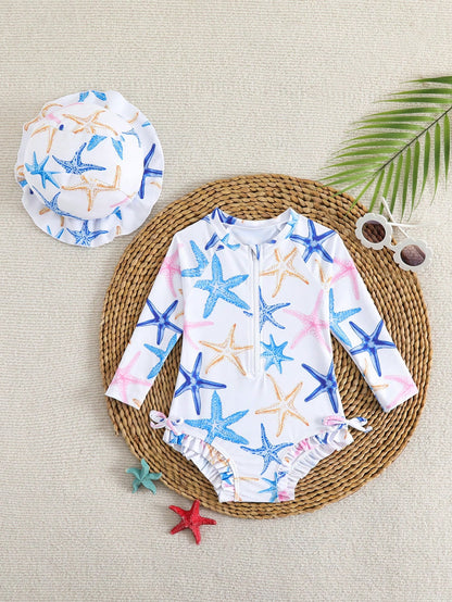 Newborn Baby Girls Cute Starfish Print Ruffled Long Sleeve One-Piece Swimsuit With Swimming Cap,White Summer Vacation Holiday Infant Rash Guard Set