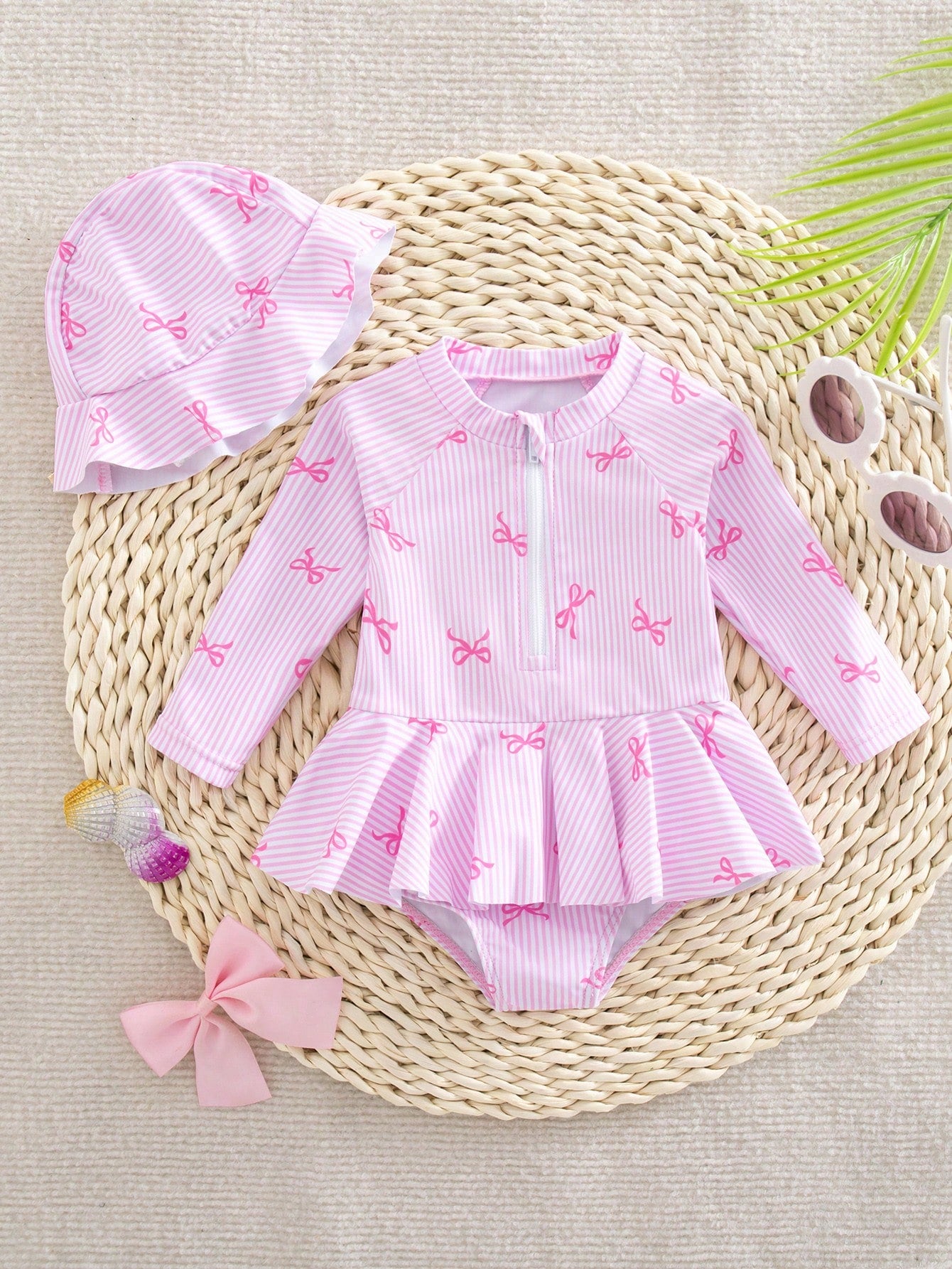 Newborn Baby Girls' One-Piece Swimsuit, Cute Bow Tie Digital Print Polyester Fabric Long Sleeve Romper With Ruffles And Hat, Beach Swimwear