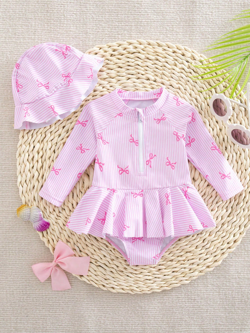 Newborn Baby Girls' One-Piece Swimsuit, Cute Bow Tie Digital Print Polyester Fabric Long Sleeve Romper With Ruffles And Hat, Beach Swimwear