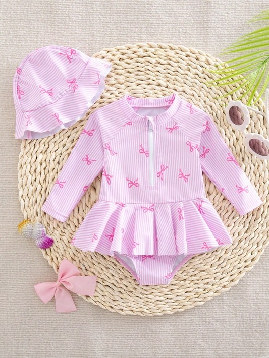 Newborn Baby Girls' One-Piece Swimsuit, Cute Bow Tie Digital Print Polyester Fabric Long Sleeve Romper With Ruffles And Hat, Beach Swimwear
